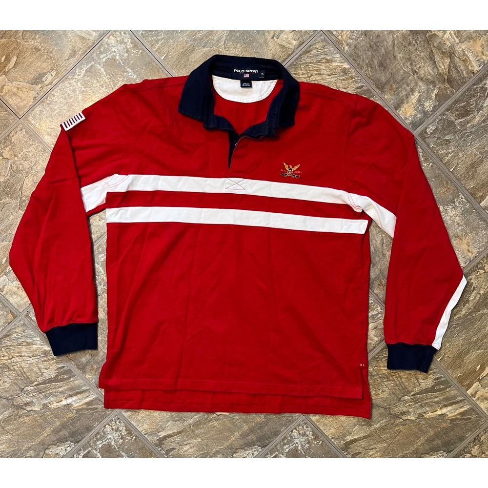 Polo Sport Rugby Shirt Mens XL Red Vintage 90s Y2K Long Sleeve Cotton